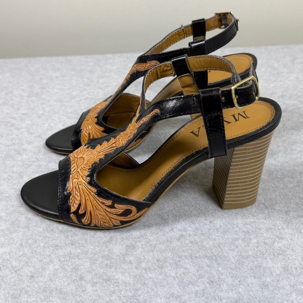 Myra Handtooled Leather Heels Rodeo Rose Natural Brown Sandals Western Cowgirl - Picture 5 of 8